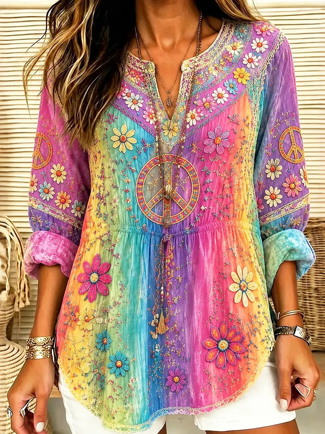 Women's Hippie Floral Peace Sign Tie Dye Patchwork Print Cotton Blend Shirt