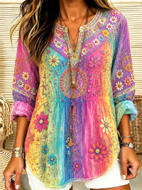 Women's Hippie Floral Peace Sign Tie Dye Patchwork Print Cotton Blend Shirt