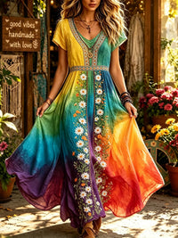 Women's Vintage Hippie Floral Embroidery Art V Neck Short Sleeve Maxi Dress