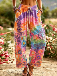 Women's Vintage Floral And Peace Art Pattern Casual Linen Pants