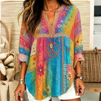 Women's Hippie Floral Peace Sign Tie Dye Patchwork Print Casual Shirt