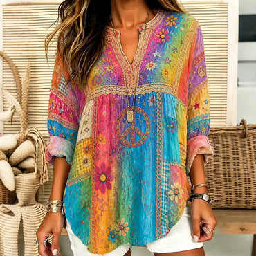 Women's Hippie Floral Peace Sign Tie Dye Patchwork Print Casual Shirt