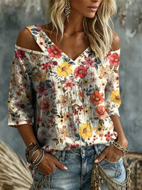 Women's Watercolor Floral Print Cold Shoulder Blouse