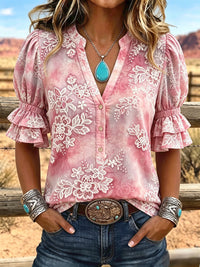 Women's Vintage Art Print Puff Sleeve Casual Shirt
