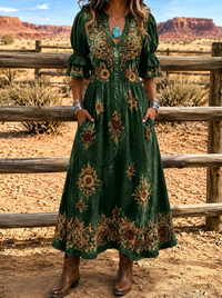 Women's Western Boho Sunflower Floral Printed Velvet Dress