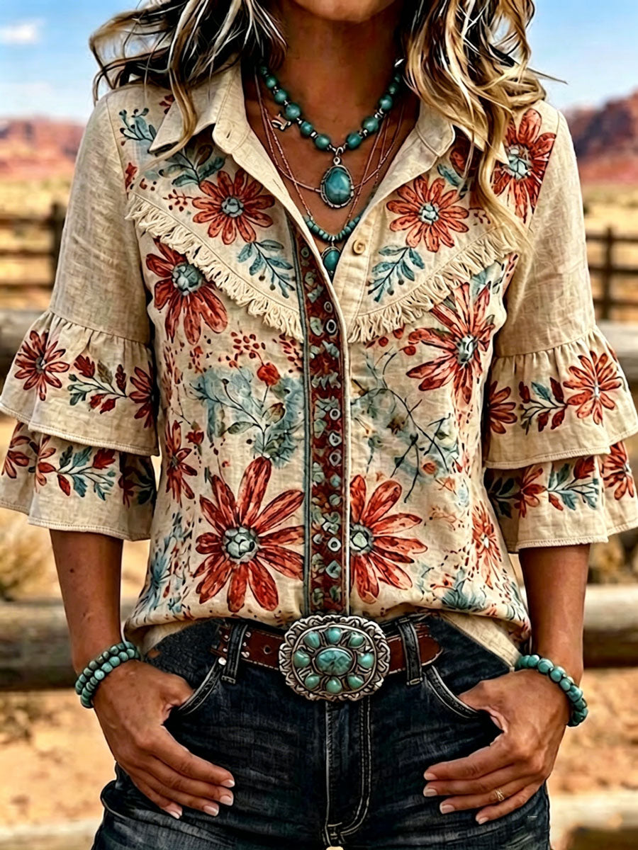 Women's Vintage Floral  Embroidered Casual Ruffle Lapel Shirt