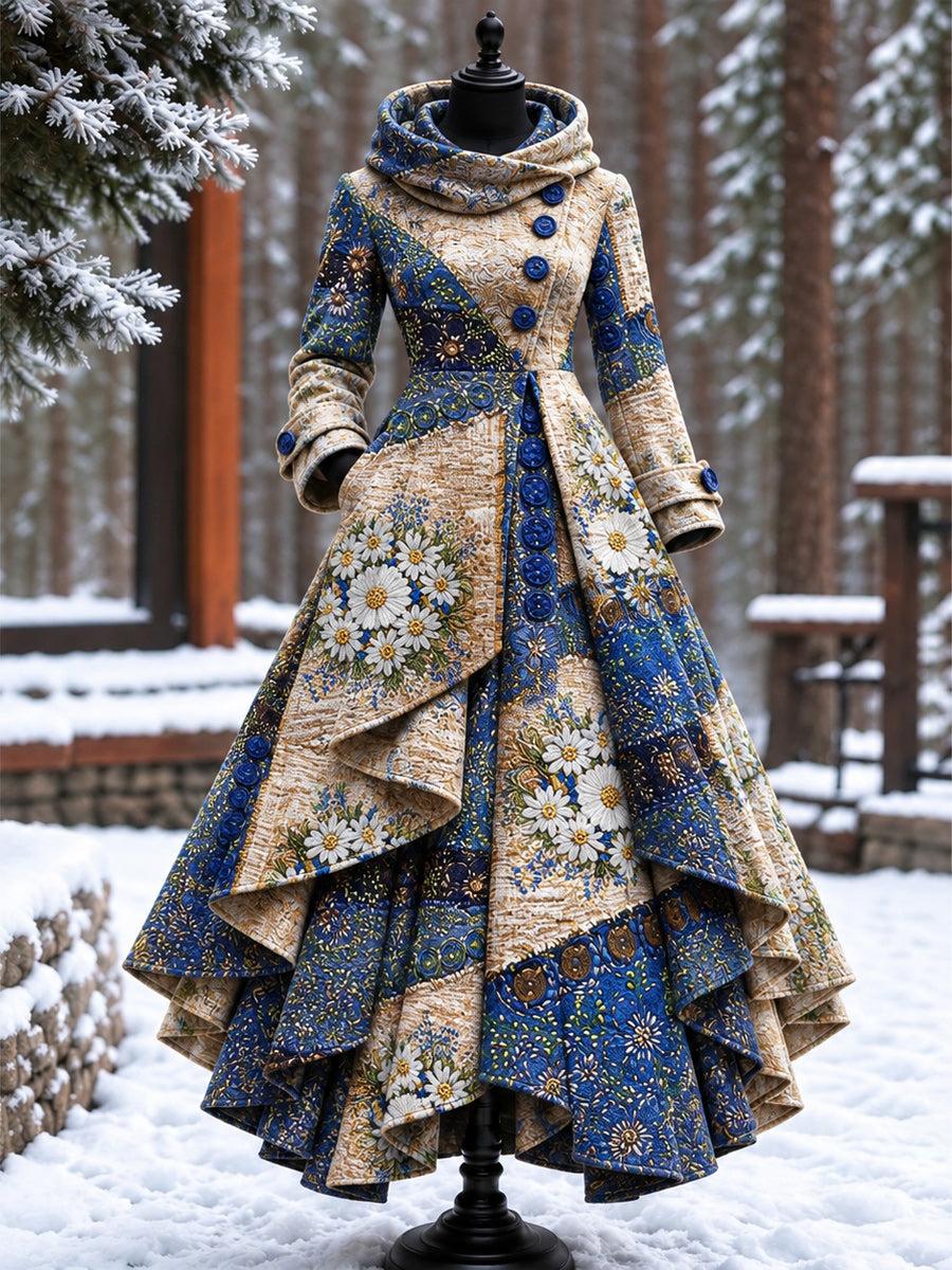 Women’s Vintage High-Collar Asymmetrical Double-Layer Hem Long Maxi Coat