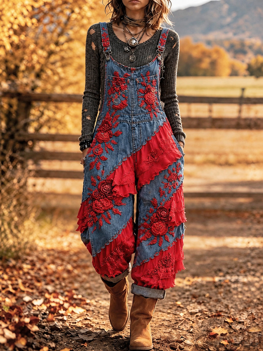 Women's Retro Style Art Print Washed Cotton Denim Patchwork Jumpsuit