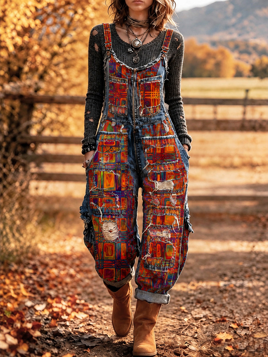Women's Retro Style Art Print Washed Cotton Denim Patchwork Jumpsuit