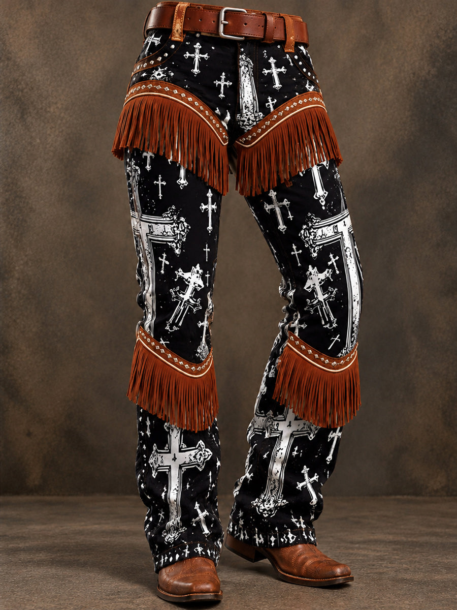 Men's Retro Art Print Casual Tassel Workwear Trousers