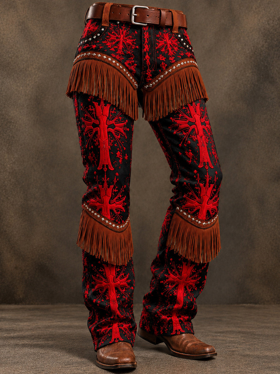 Men's Retro Art Print Casual Tassel Workwear Trousers
