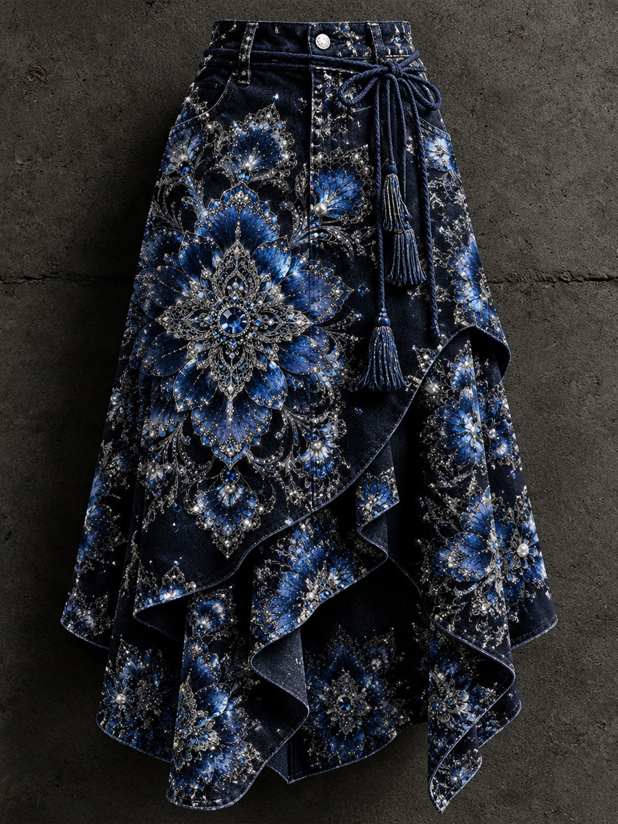Women's Retro Style Art Print Irregularly Layered Stitched Skirt