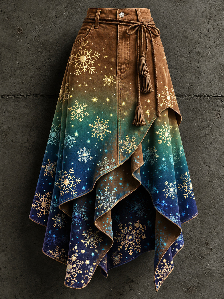 Women's Retro Style Art Print Irregularly Layered Stitched Skirt