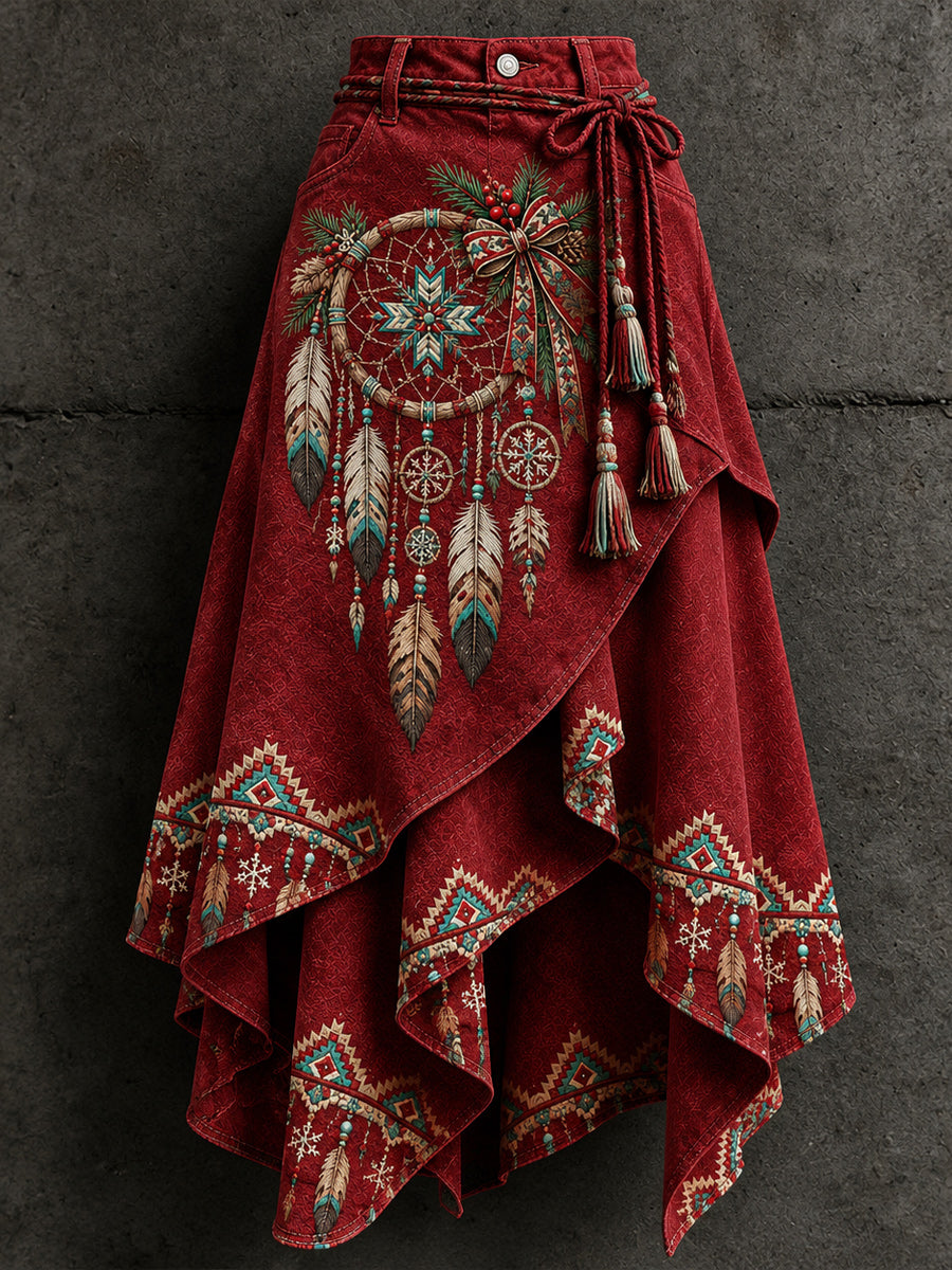 Women's Retro Style Art Print Irregularly Layered Stitched Skirt