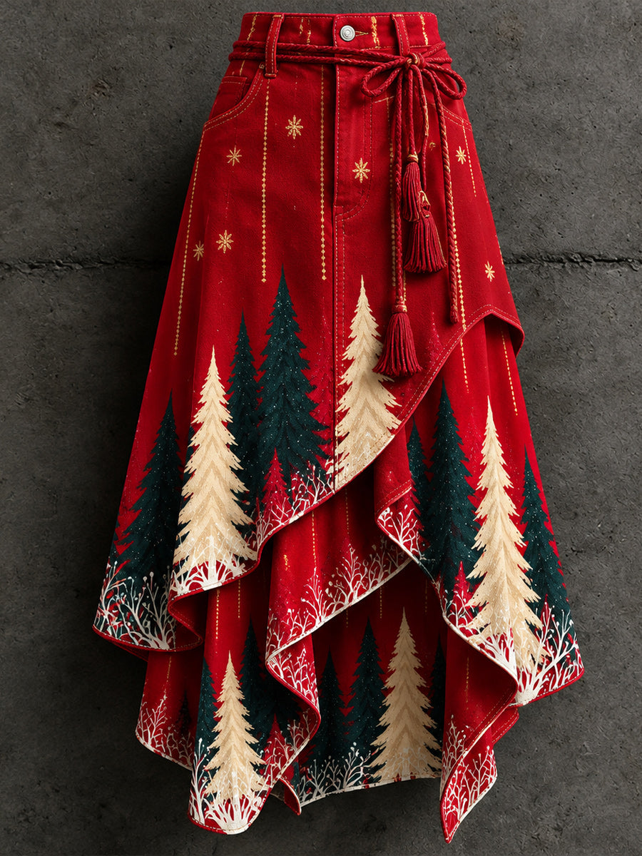 Women's Retro Style Art Print Irregularly Layered Stitched Skirt