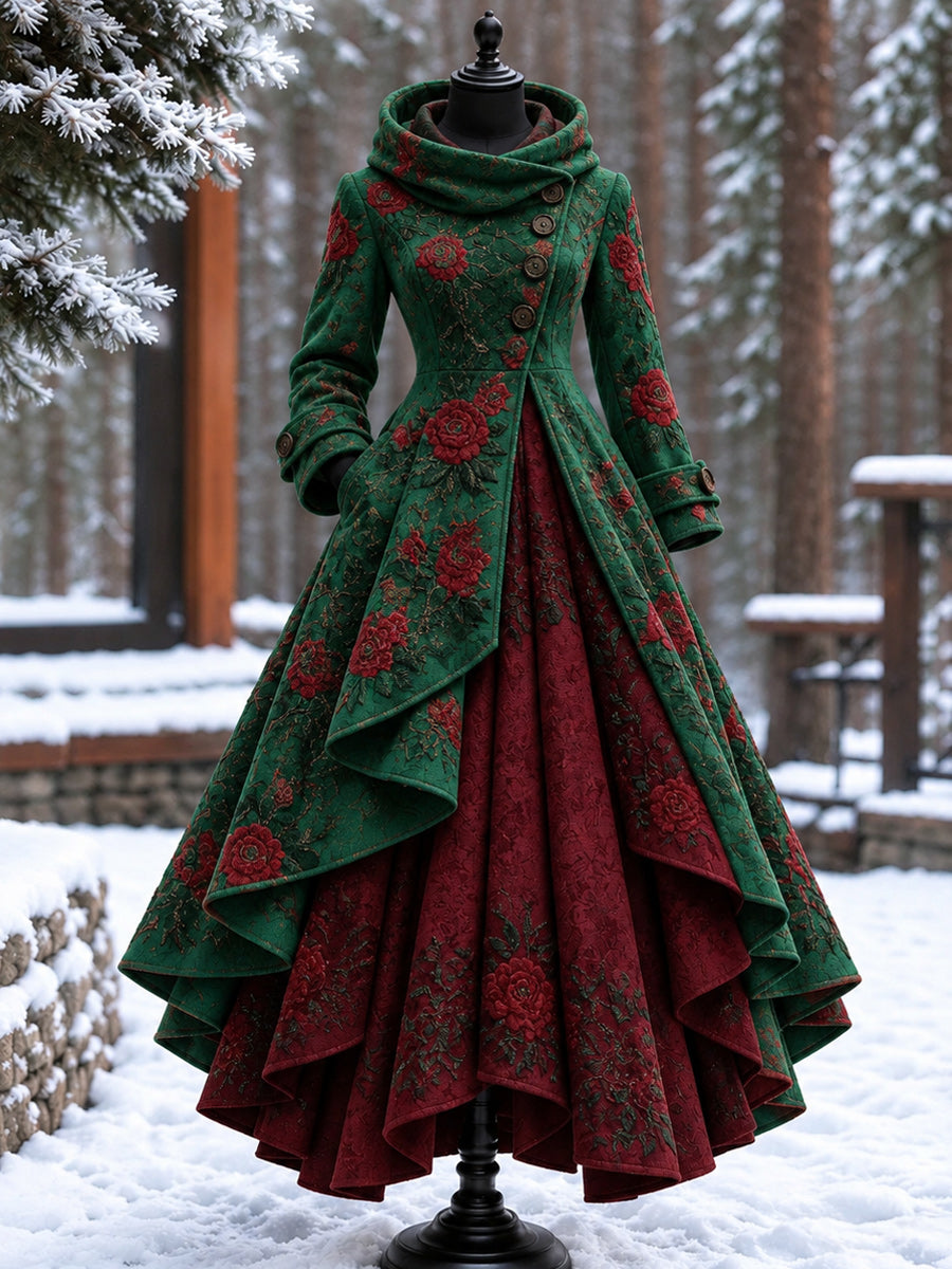 Women’s Vintage High-Collar Asymmetrical Double-Layer Hem Long Maxi Coat