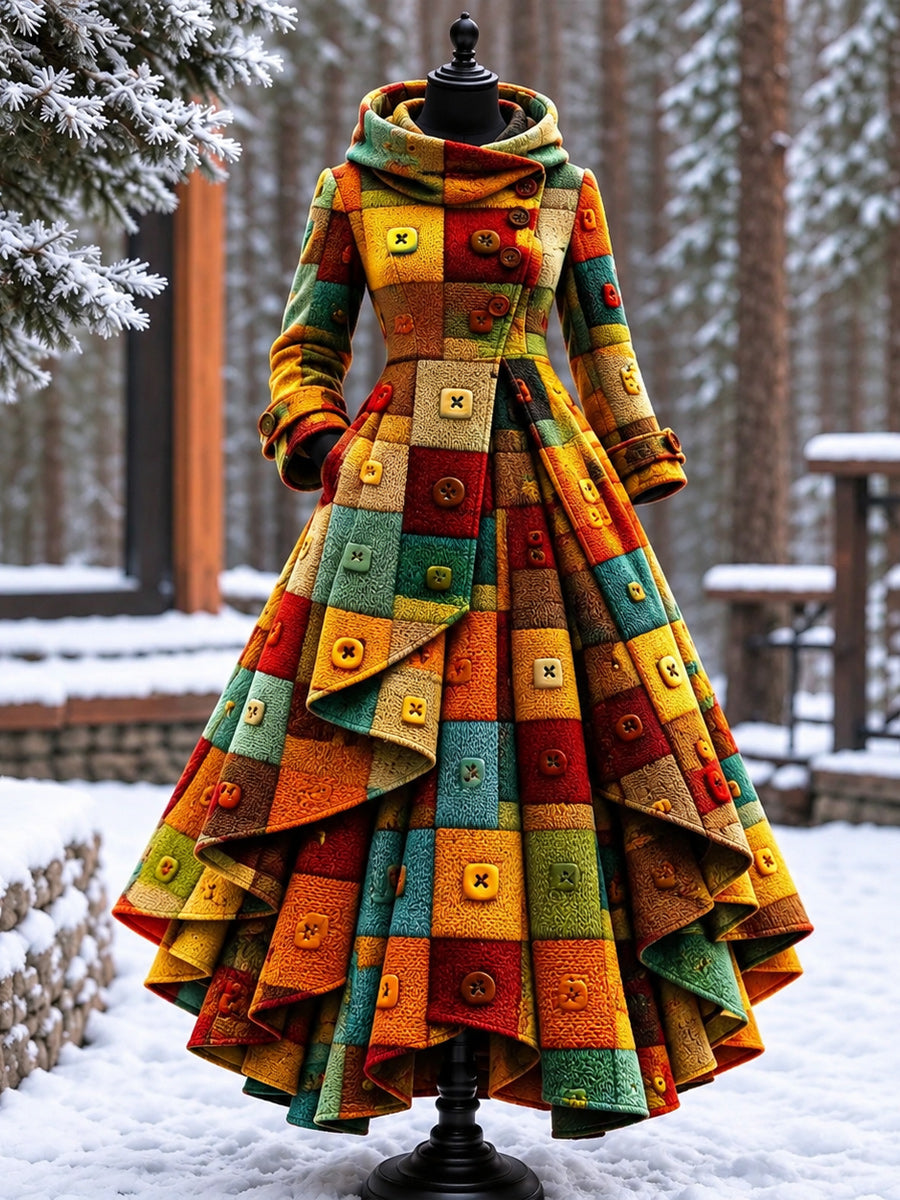 Women’s Vintage High-Collar Asymmetrical Double-Layer Hem Long Maxi Coat