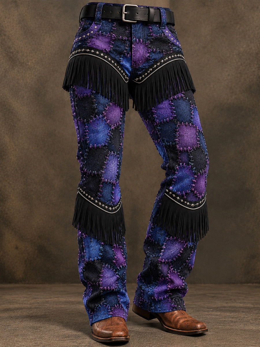 Men's Retro Art Print Casual Tassel Workwear Trousers