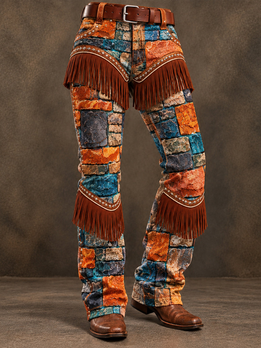Men's Retro Art Print Casual Tassel Workwear Trousers