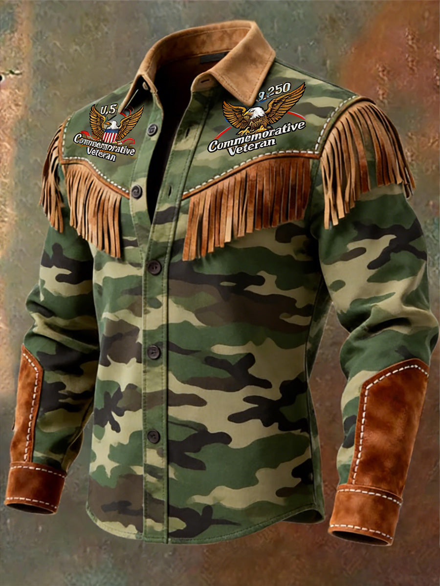 Men's Retro Western Style U.S 250 Commemorative Freedom Print Vintage Tassel Casual Long Sleeve Shirt