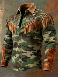 Men's Retro Western Style U.S 250 Commemorative Freedom Print Vintage Tassel Casual Long Sleeve Shirt