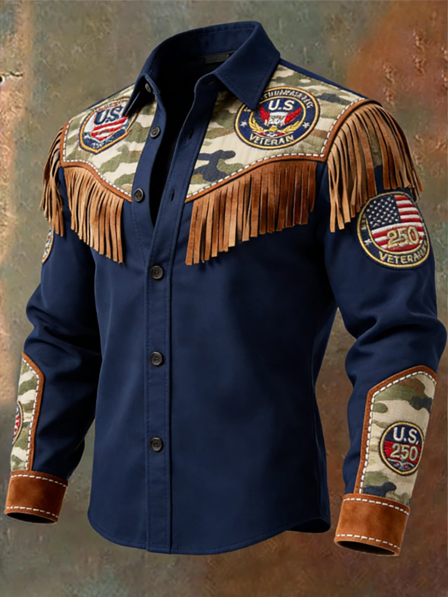 Men's Retro Western Style US 250th Anniversary Print Vintage Tassel Casual Long Sleeve Shirt