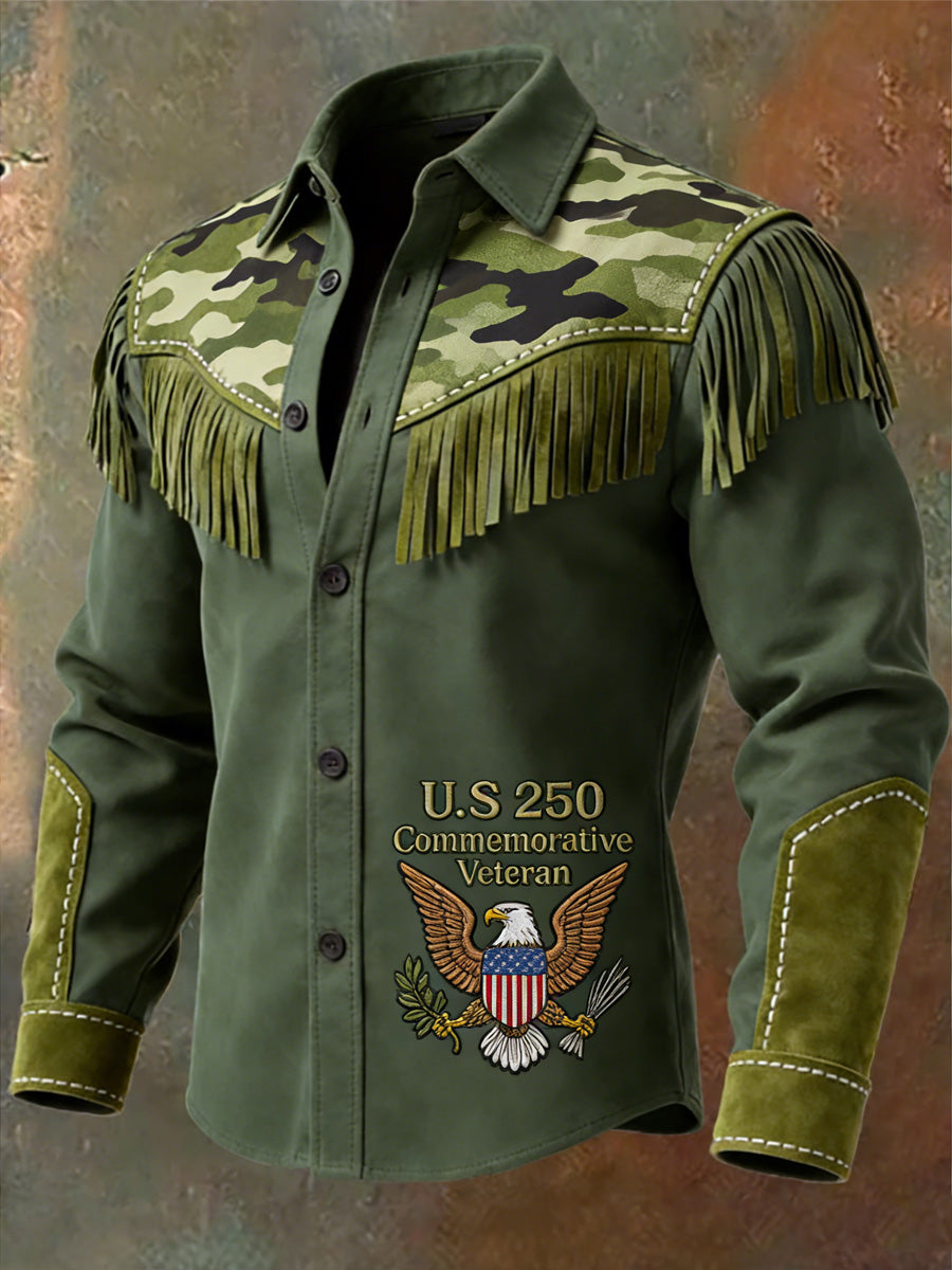 Men's Retro Western Style US 250th Anniversary Print Vintage Tassel Casual Long Sleeve Shirt