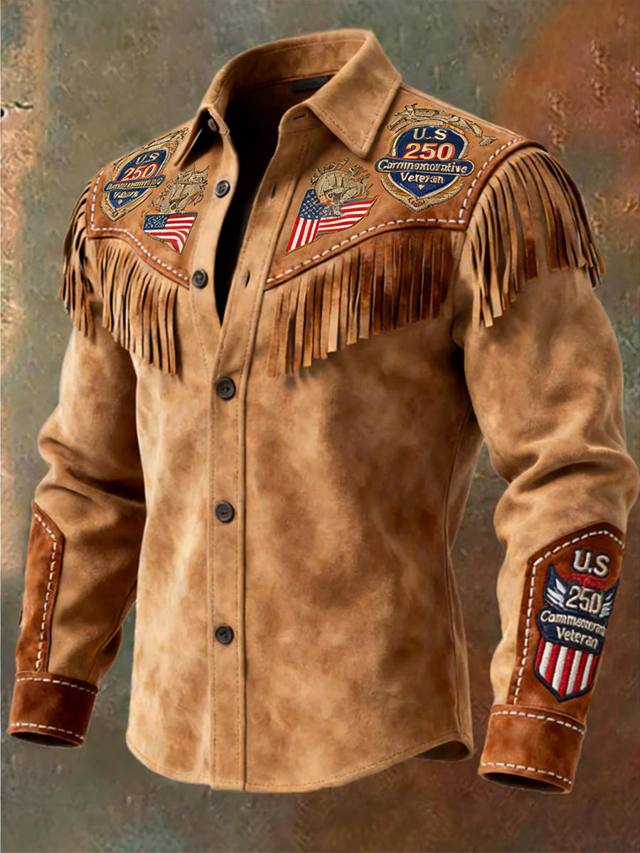 Men's Retro Western Style US 250th Anniversary Print Vintage Tassel Casual Long Sleeve Shirt