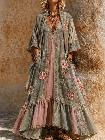 Retro Style Art Printed Vintage Camisole Dress Long Sleeve Two-Piece Maxi Dress