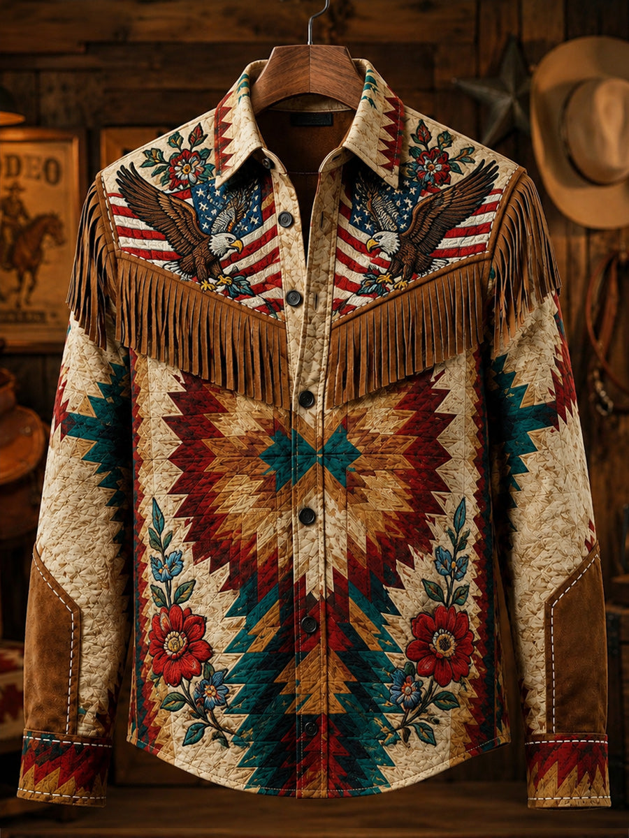 Men's Retro Style Art Print Western Vintage Tassel Casual Long Sleeve Shirt