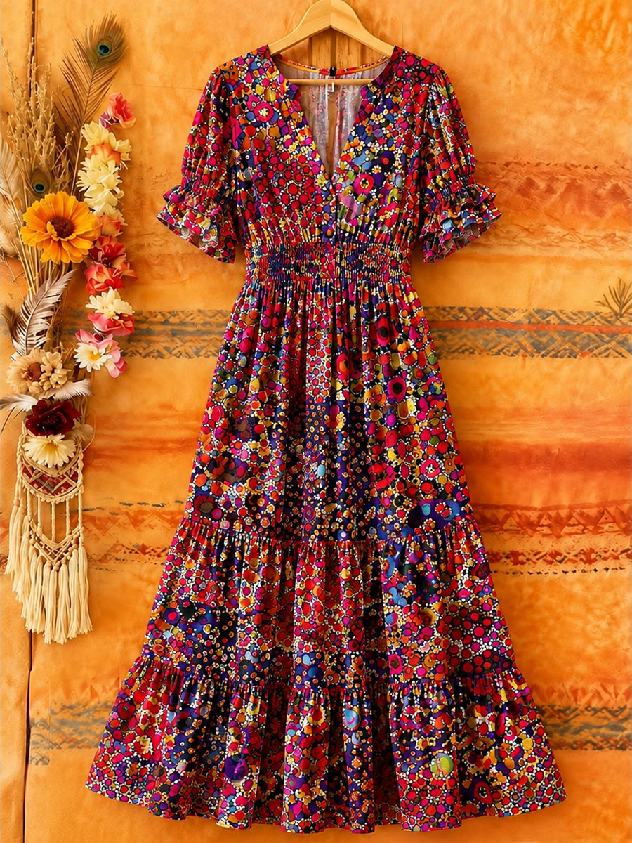 Women's Retro Art Print Washed Cotton Lace Patchwork Midi Dress
