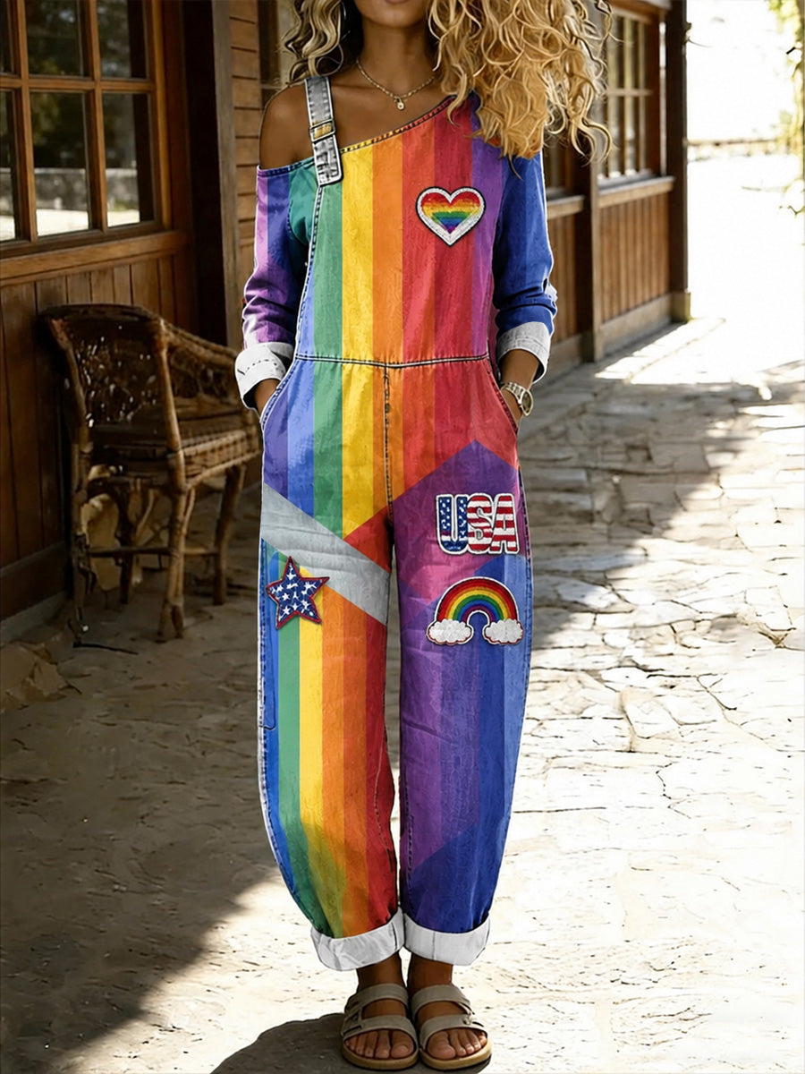 Women's Retro Pride Month Rainbow Art Print Washed Cotton Denim Patchwork Jumpsuit
