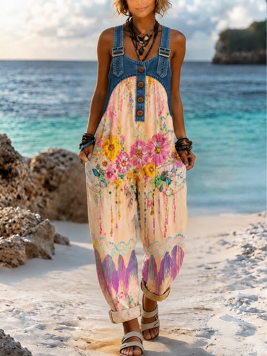 Women's Retro Style Art Print Washed Cotton Denim Patchwork Jumpsuit