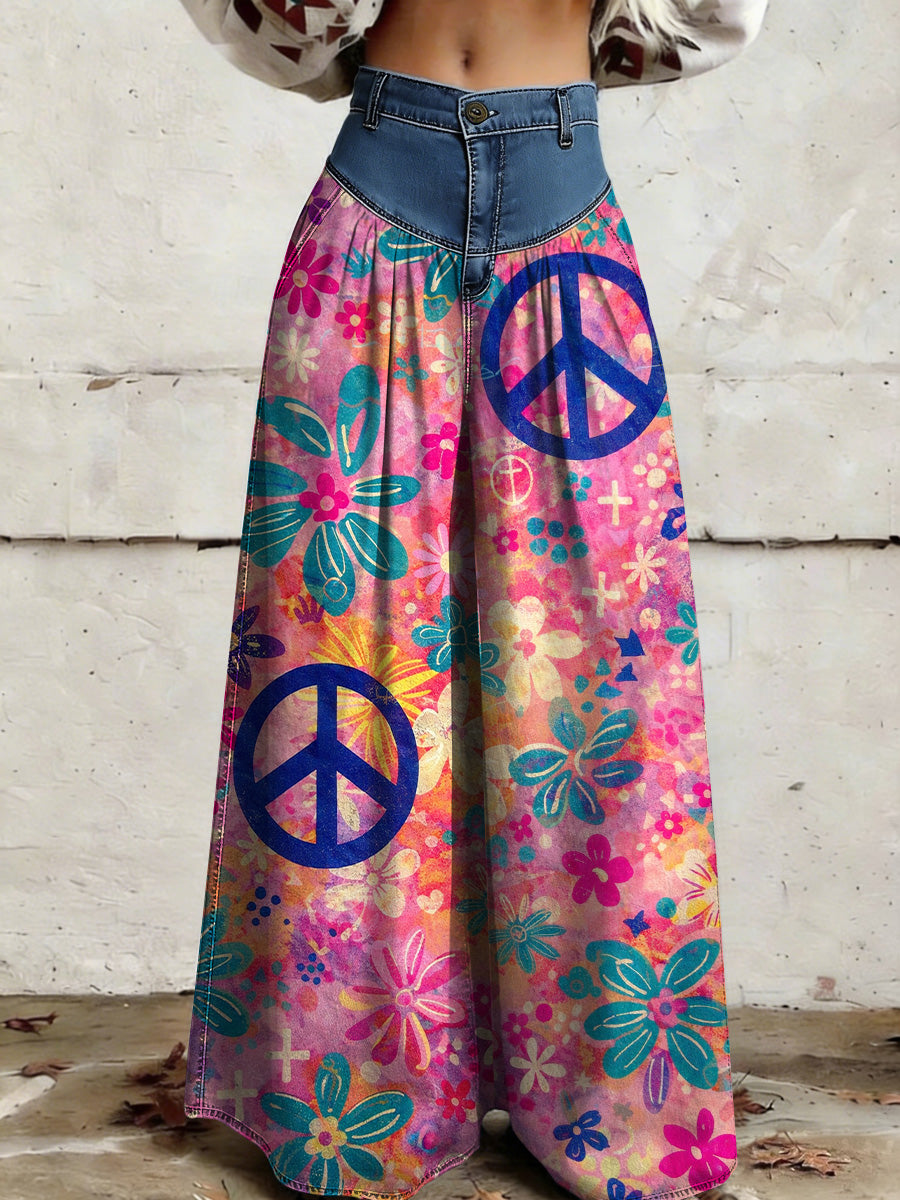Women's Retro Floral Color-Blocked Art Print Casual Style Wide Leg Pants