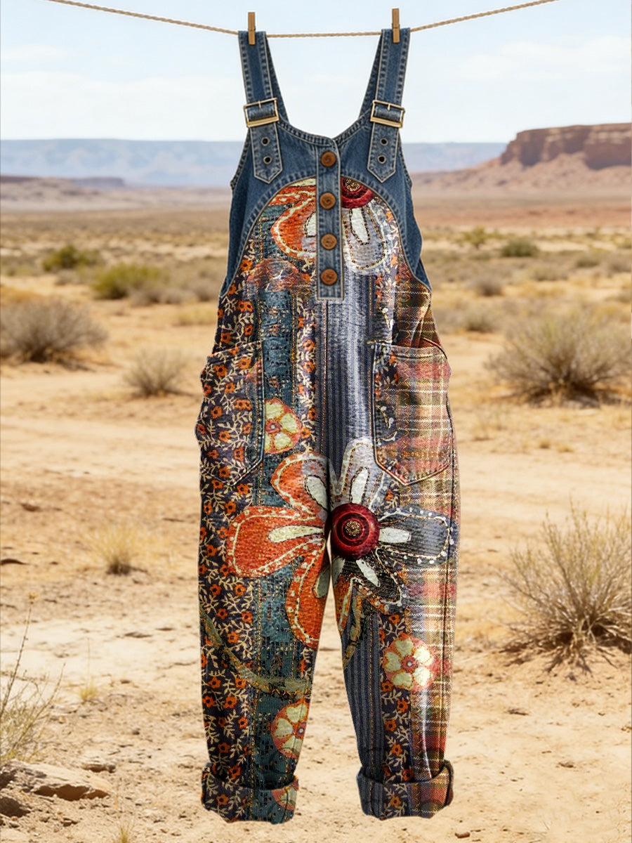 Women's Retro Floral Color-Blocked Art Print Washed Cotton Denim Patchwork Jumpsuit