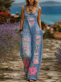 Women's Retro Style Art Print Washed Cotton Denim Patchwork Jumpsuit