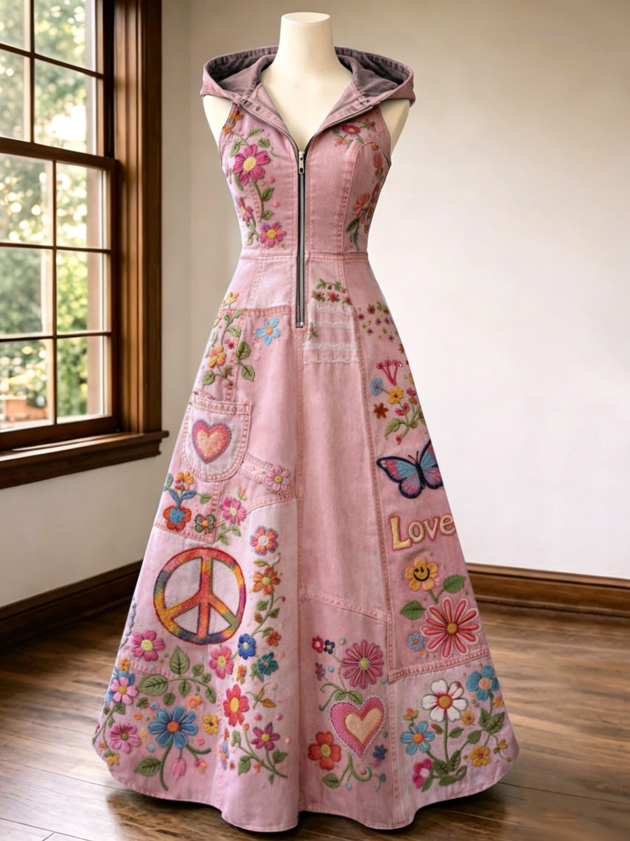 Retro Style Art Print Vintage V-Neck Hooded Zipper Maxi Dress