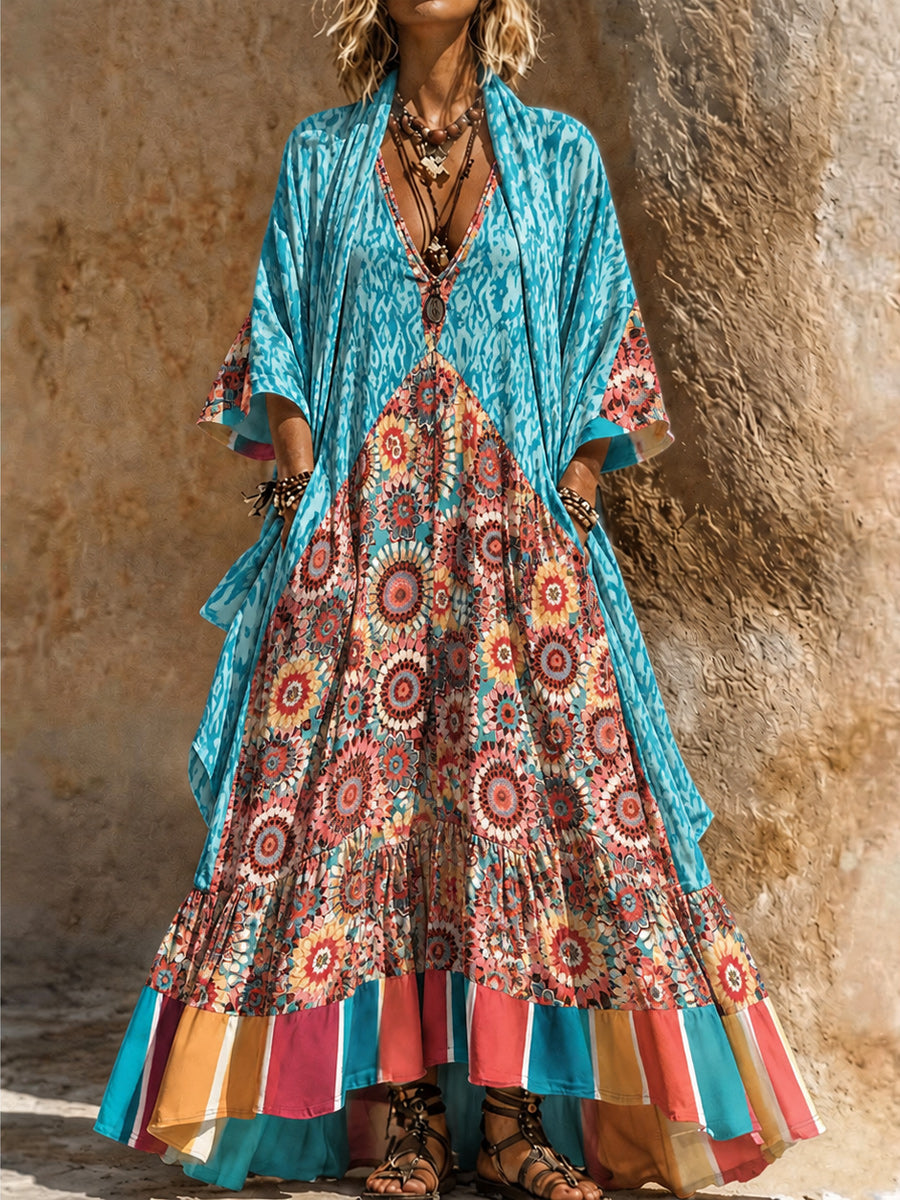 Retro Style Art Printed Vintage Camisole Dress Long Sleeve Two-Piece Maxi Dress