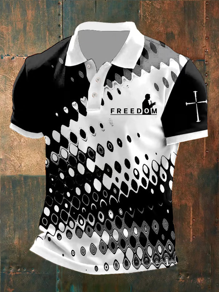 Men's Freedom American Flag Print Retro V-Neck Short Sleeves Polo-Shirt