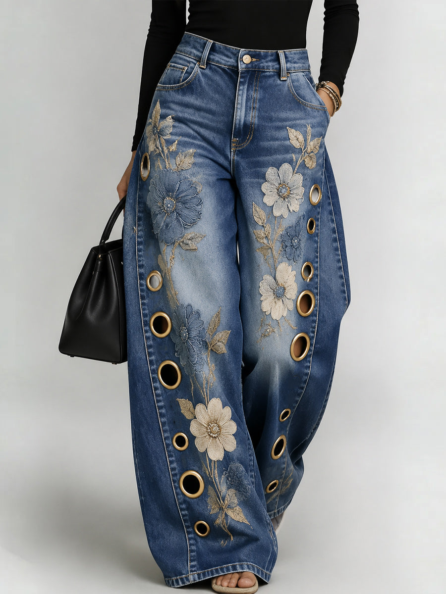 Women's Retro Style Art Print Casual  Hollow Wide Leg Pants