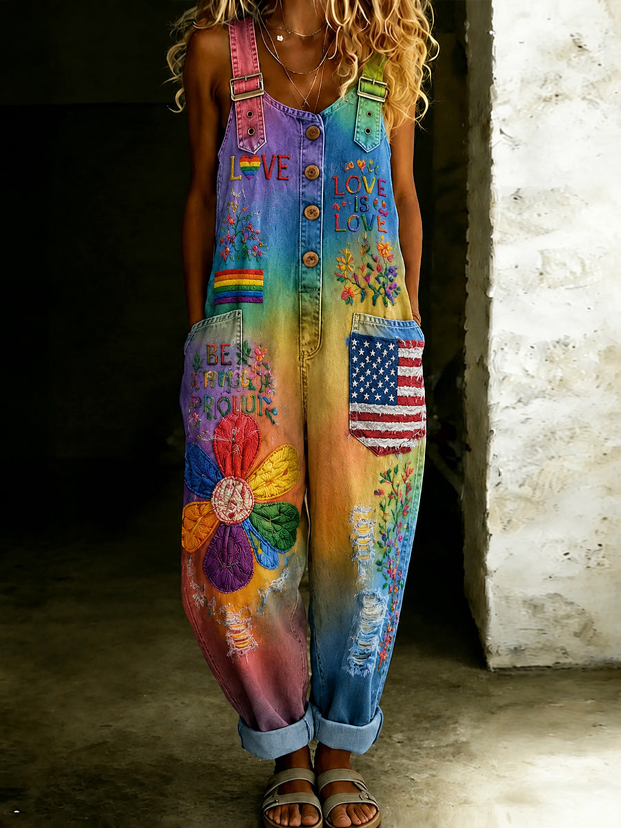 Women's Retro Style Art Print Washed Cotton Denim Patchwork Jumpsuit