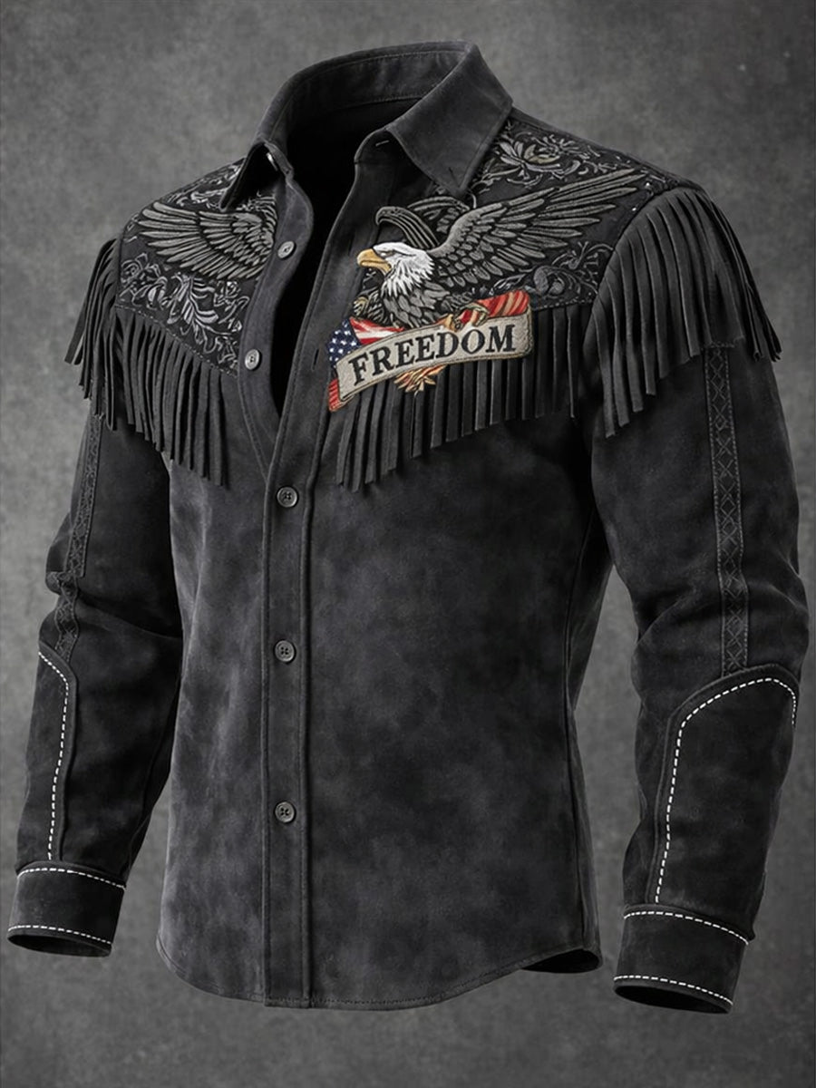 Men's Retro Freedom Western Style Art Print Vintage Tassel Casual Long Sleeve Shirt