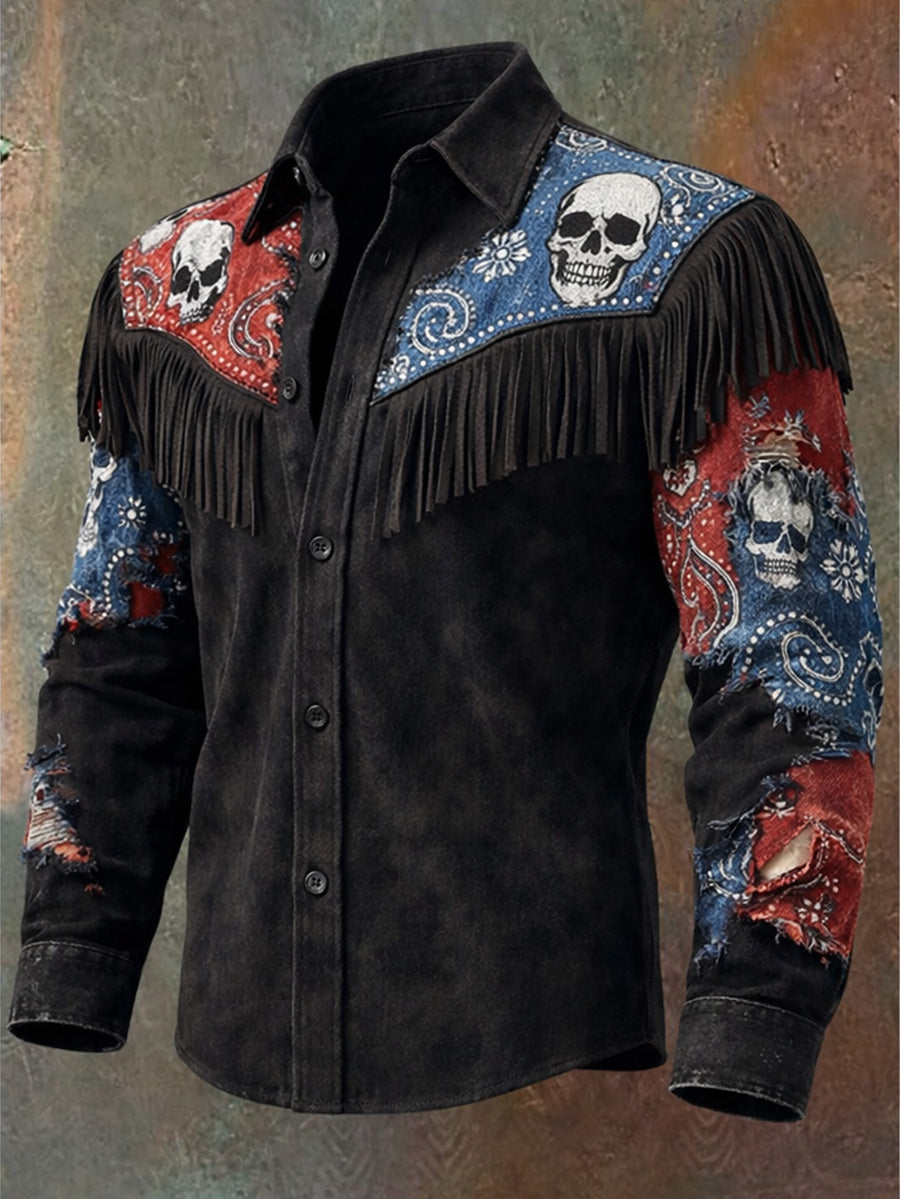 Men's Retro Western Style Print Vintage Tassel Casual Long Sleeve Shirt