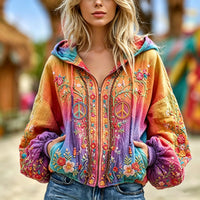 Women's Retro Hippie Style Peace Symbol Floral Embroidered Hooded Jacket