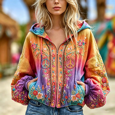 Women's Retro Hippie Style Peace Symbol Floral Embroidered Hooded Jacket