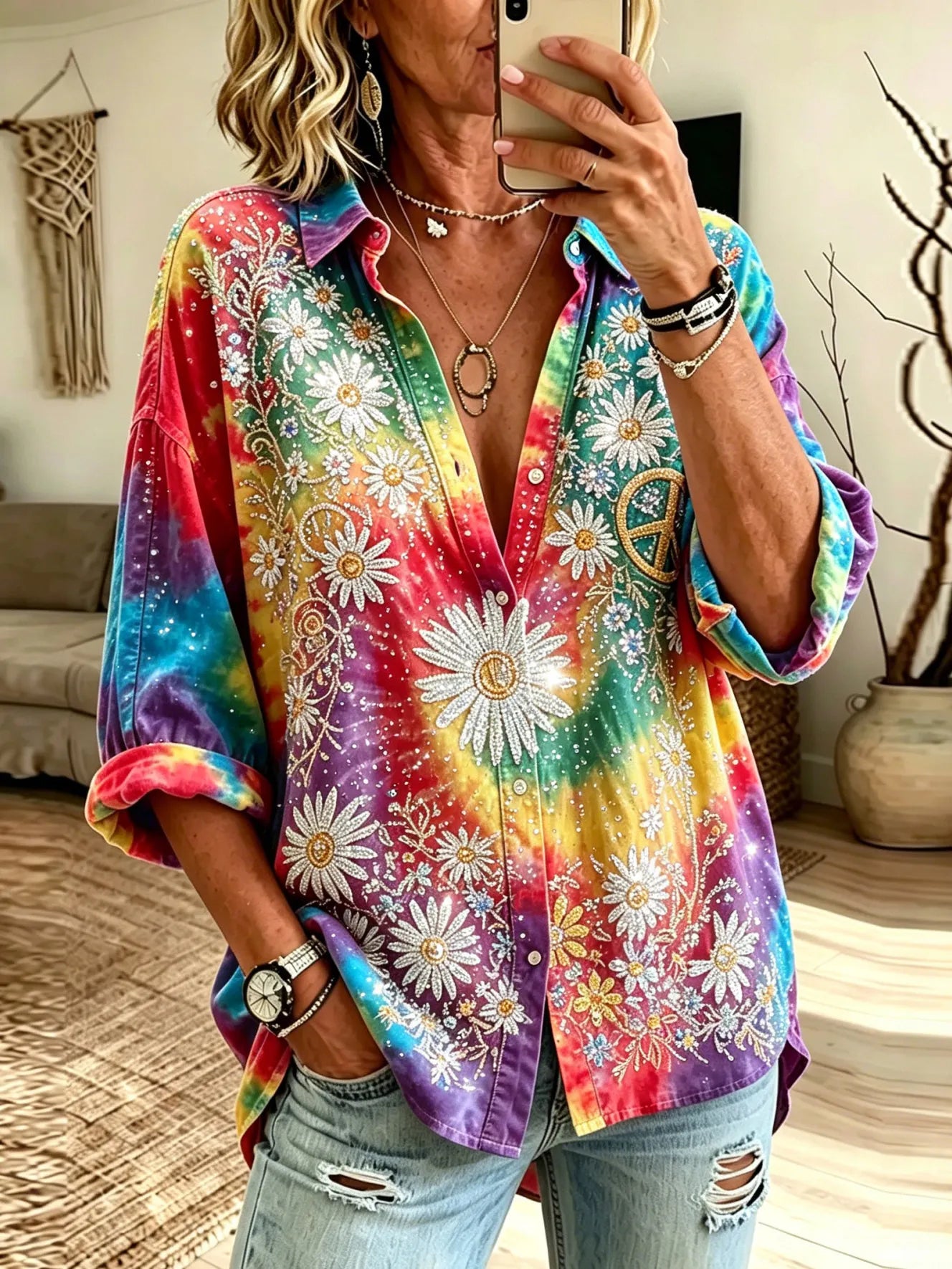 Women's Hippie-style Floral And Peace Symbol Embroidered Casual Linen Blend Long-sleeved Shirt