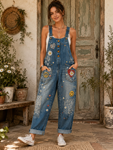 Women's Retro Floral Color-Blocked Art Print Washed Cotton Denim Patchwork Jumpsuit