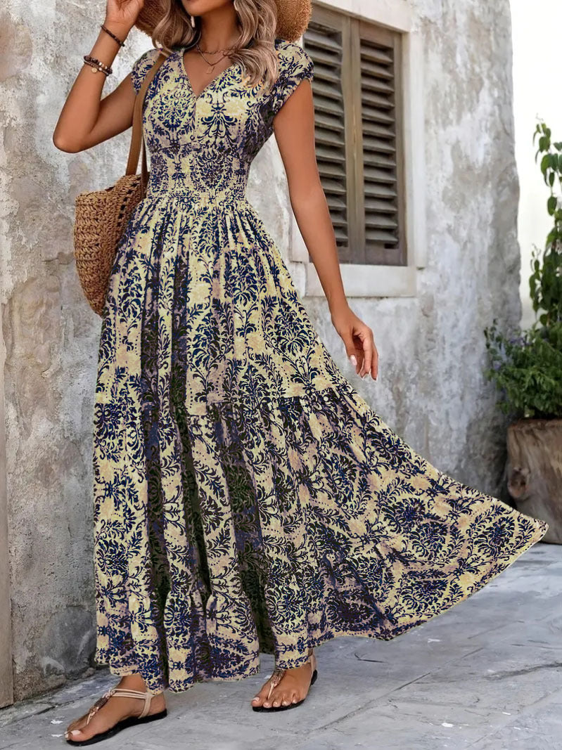 Retro print dress, stylish and elegant V-neck short-sleeved long dress