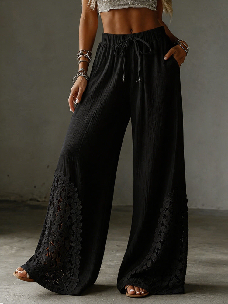 Women's solid color fashionable casual loose lace pocket drawstring elastic waist wide-leg pants