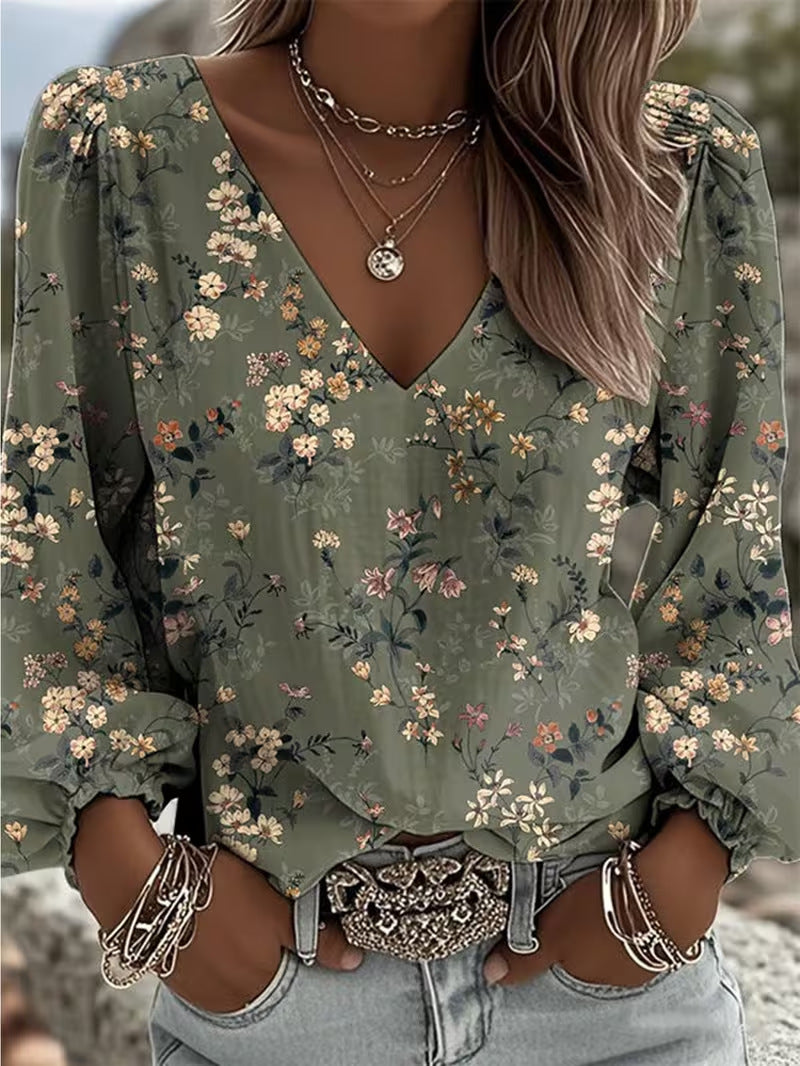 Retro floral print long-sleeved shirt, loose and casual style for women.